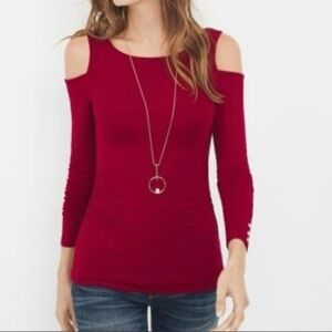 White House Black Market Red Long Sleeve Cold Shoulder Ruched Top Small